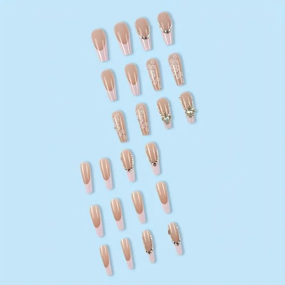 24 pcs Glossy Pink French Style Fake Nails with Flower Heart and 3D Rhinestone - Picture 5 of 9